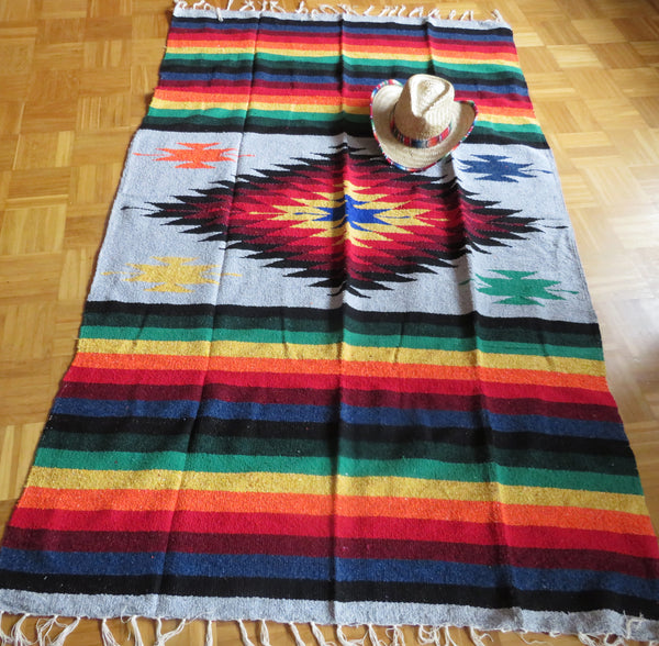 mexikanische Ethno Decke  NAVAJO grau handgewebt  220cmx125cm Mexican Diamond Blanket  50% Polyacryl 40% Polyester 10% Baumwolle