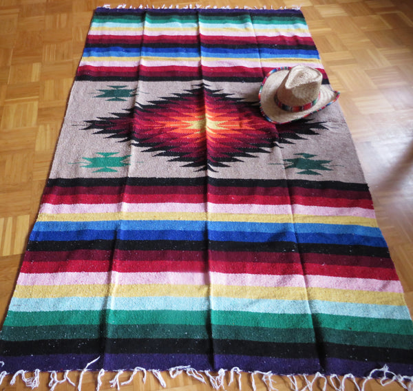 mexikanische Ethno Decke beige handgewebt  220cmx125cm Mexican Diamond Blanket  50% Polyacryl 40% Polyester 10% Baumwolle