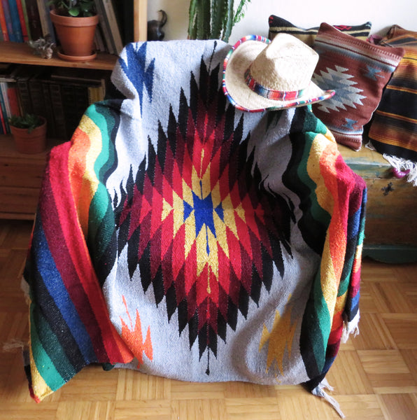 mexikanische Ethno Decke  NAVAJO grau handgewebt  220cmx125cm Mexican Diamond Blanket  50% Polyacryl 40% Polyester 10% Baumwolle