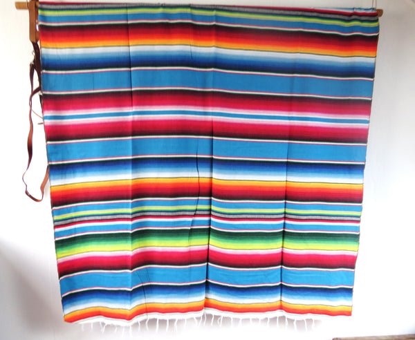 mexikanische Ethno Decke SANTA FE petrol gewebt mit Tragegurt aus Echtleder 210cm x 150cm 100% Baumwolle