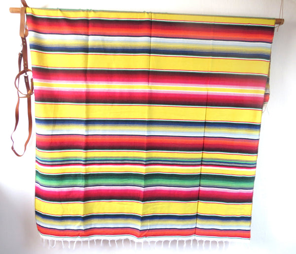mexikanische Hippie Decke SANTA FE gelb gewebt mit Halterung aus Echtleder 210cm x 150cm 100% Baumwolle