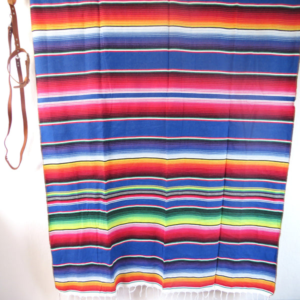 mexikanische Decke SANTA FE mit Halterung aus Echtleder 210cm x 150cm blau 100% Baumwolle