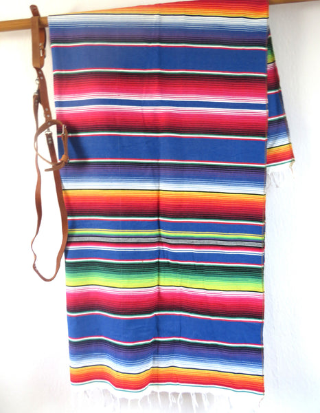 mexikanische Decke SANTA FE mit Halterung aus Echtleder 210cm x 150cm blau 100% Baumwolle