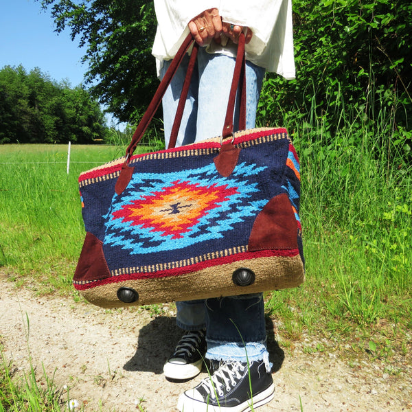 Ethno Weekender Tasche GO WEST Mexiko Style  70% Polyacryl 30% Polyester blau 50cm x35cm