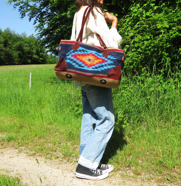 Ethno Weekender Tasche GO WEST Mexiko Style  70% Polyacryl 30% Polyester blau 50cm x35cm