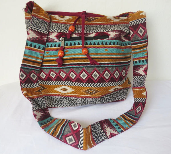 große Jacquard Ethno Hippie  Schultertasche Indien Aztekenmuster  Material 100% Baumwolle  37cm x 32cm