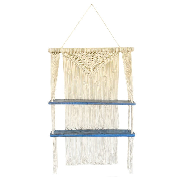 Boho Makramee Hängeregal beige blau Regal Wandbehang  Holz Baumwolle