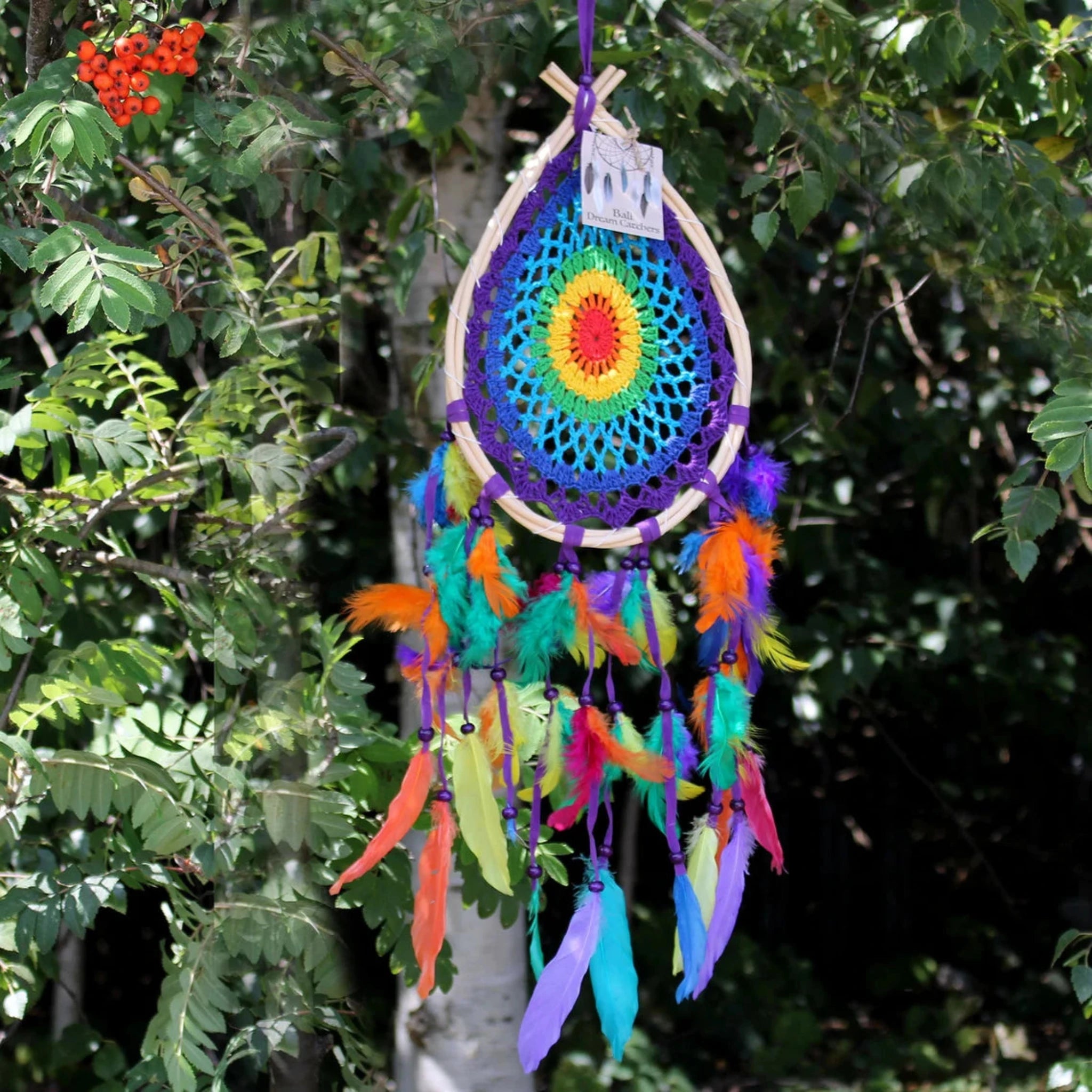 Boho Traumfänger TEARDROP Rainbow 68cm x 25cm Baumwolle Holz Bali