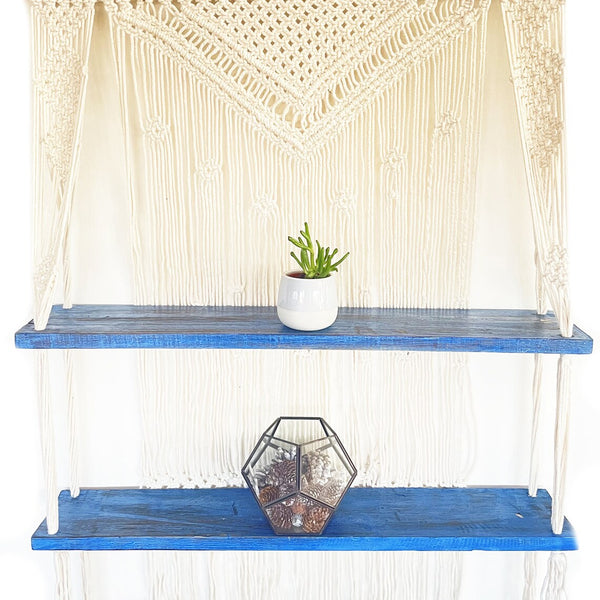 Boho Makramee Hängeregal beige blau Regal Wandbehang  Holz Baumwolle