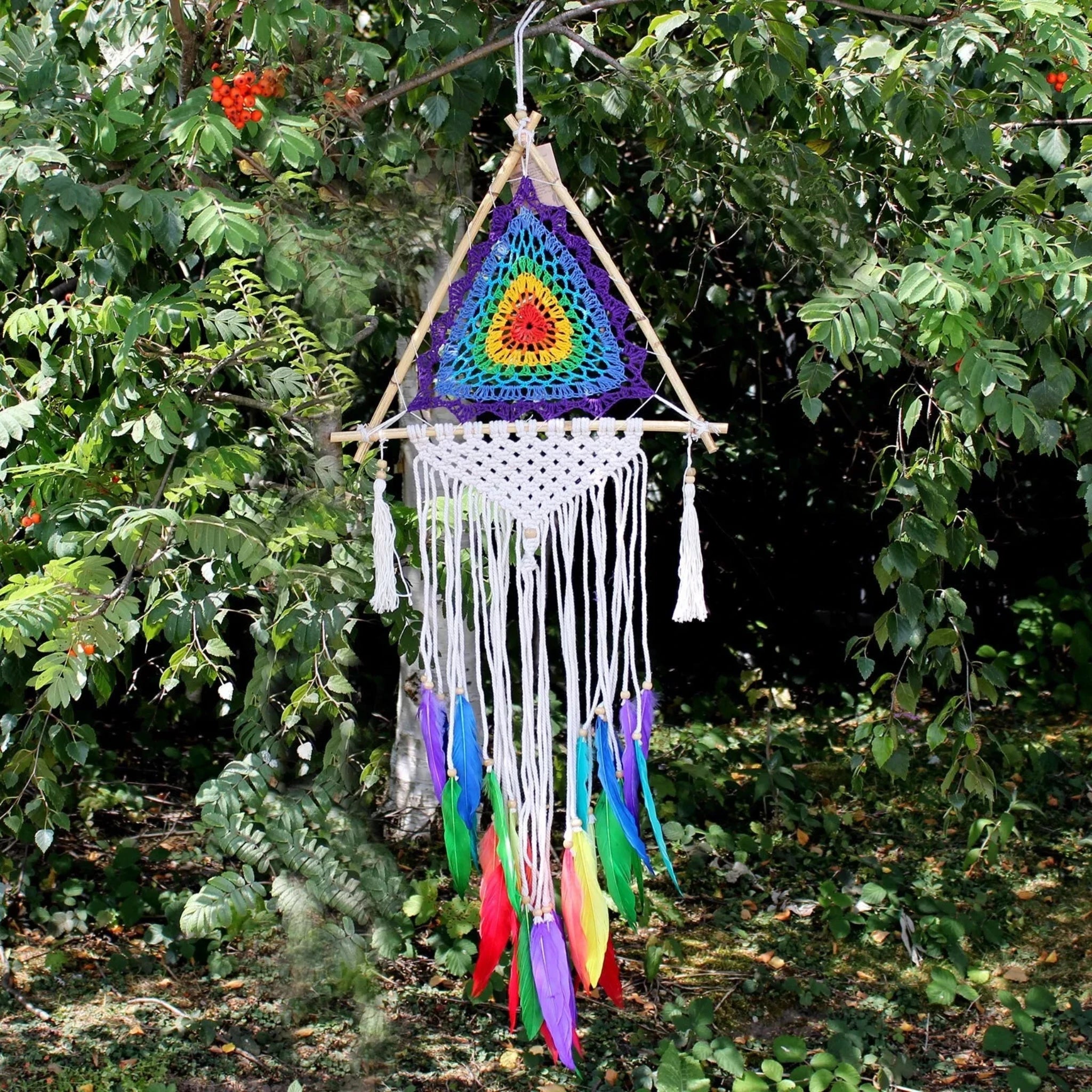 Boho Traumfänger Pyramide Makramee Rainbow 90cm x 30cm Baumwolle Holz Bali