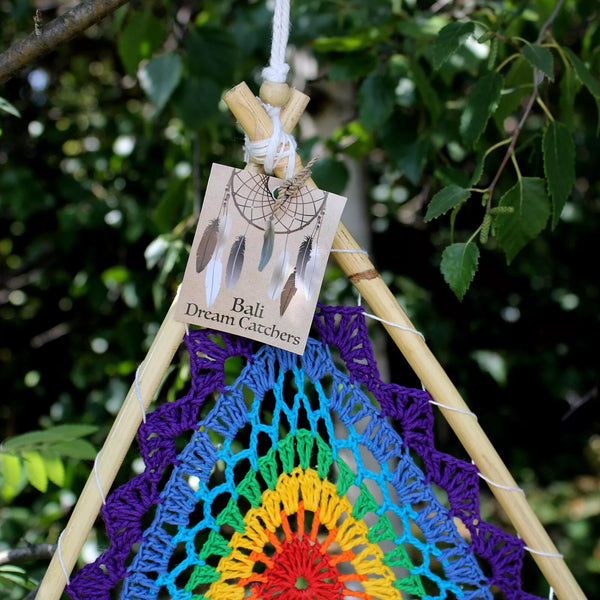 Boho Traumfänger Pyramide Makramee Rainbow 90cm x 30cm Baumwolle Holz Bali