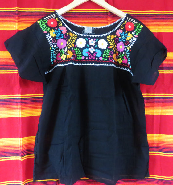 BALD WIEDER VERFÜGBAR Gr M mexikanische Blumen  Bluse schwarz  Boho mexican embroidered Boho blouse 100% Baumwolle