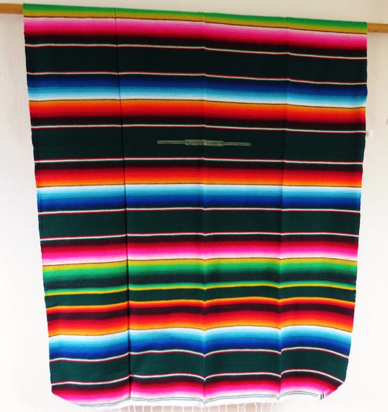 mexikanische Hippie Decke SANTA FE gewebt rainbow dunkelgrün Ethno Überwurf Sarape Molina Made in Mexico                 e 220cm x 117cm 100% Polyacryl