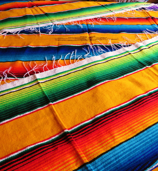 BALD WIEDER VERFÜGBAR mexikanische Decke SANTA FE gewebt gelb bunt Hippie Ethno Überwurf Sarape 225cm x 150cm 50% Baumwolle 50% Polyacryl