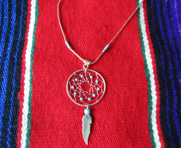 grosse Dreamcatcher Kette aus 925er Sterling Silber mit Türkis Traumfaenger Halskette Navajo Liquid Silver original Indianerschmuck