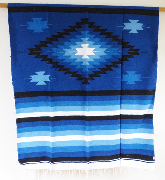 mexikanische Decke NAVAJO  blau handgewebt Boho Tagesdecke 220cm x 125cm  50% Polyacryl 40% Polyester 10% Baumwolle Hersteller Molina Made in Mexico