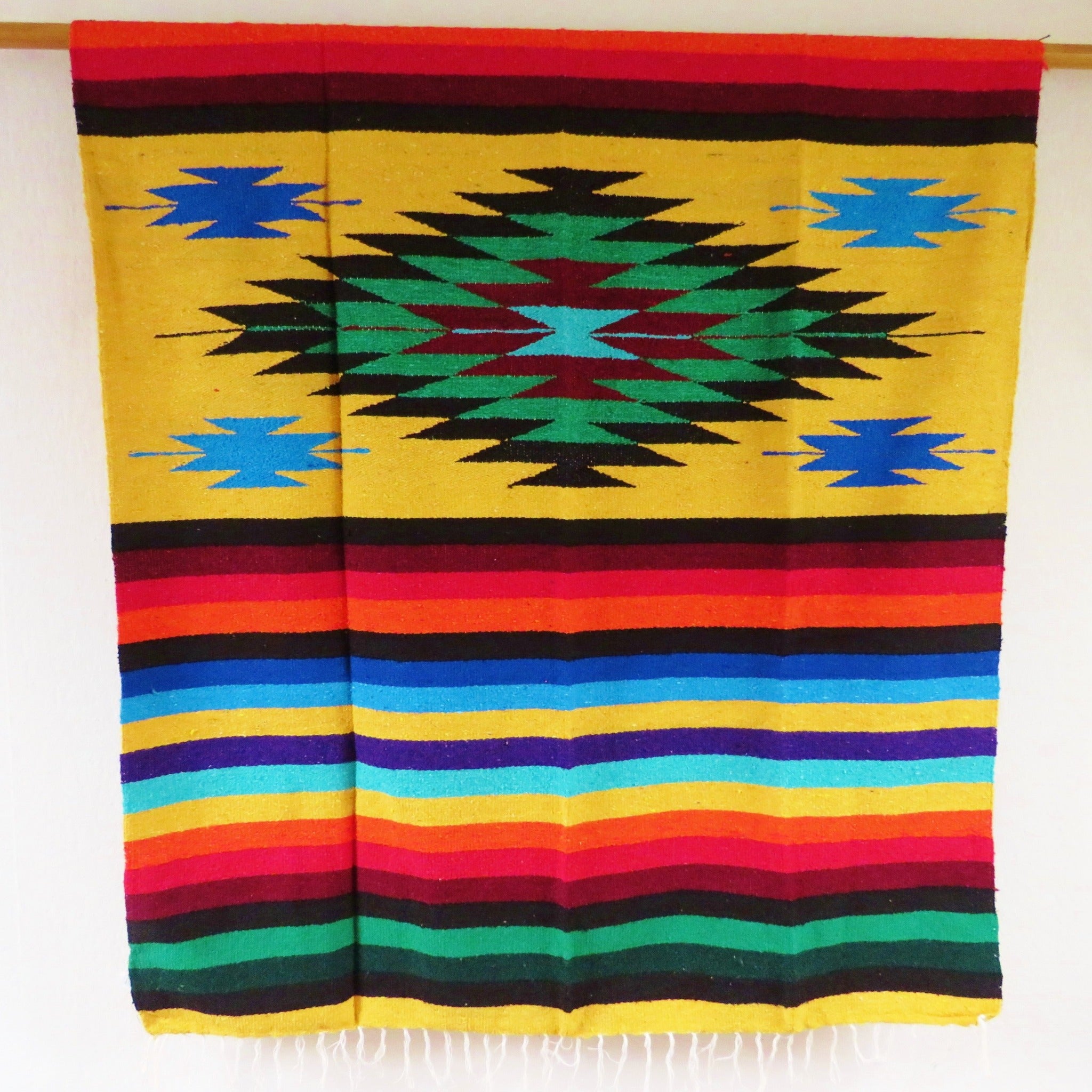 BALD WIEDER VERFÜGBAR mexikanische Indianer Decke NAVAJO  gelb bunt  handgewebt Boho Tagesdecke 220cm x 129cm  50% Polyacryl  40% Polyester  10% Baumwolle Hersteller Molina Made in Mexico