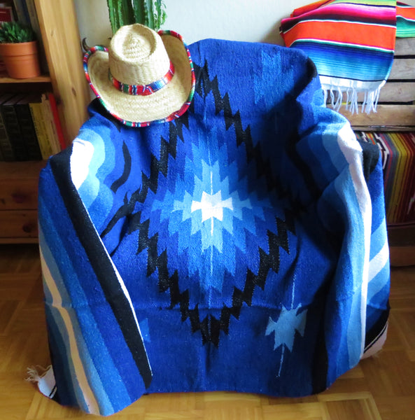 mexikanische Decke NAVAJO  blau handgewebt Boho Tagesdecke 220cm x 125cm  50% Polyacryl 40% Polyester 10% Baumwolle Hersteller Molina Made in Mexico