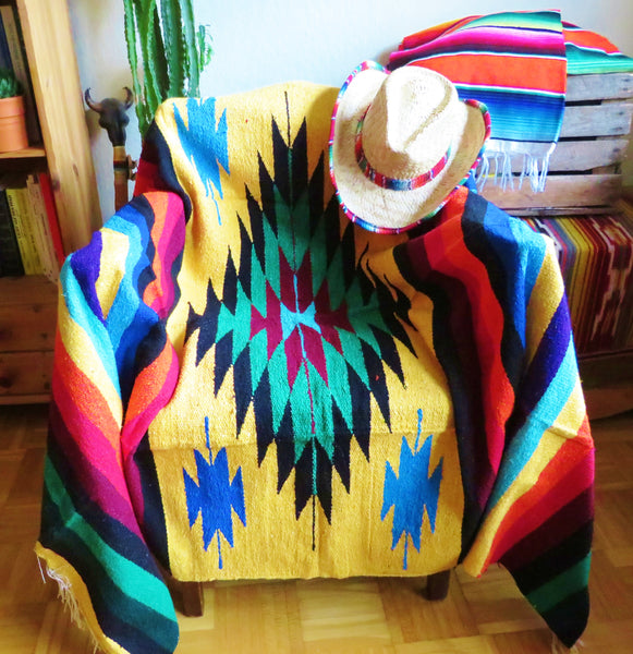 BALD WIEDER VERFÜGBAR mexikanische Indianer Decke NAVAJO  gelb bunt  handgewebt Boho Tagesdecke 220cm x 129cm  50% Polyacryl  40% Polyester  10% Baumwolle Hersteller Molina Made in Mexico