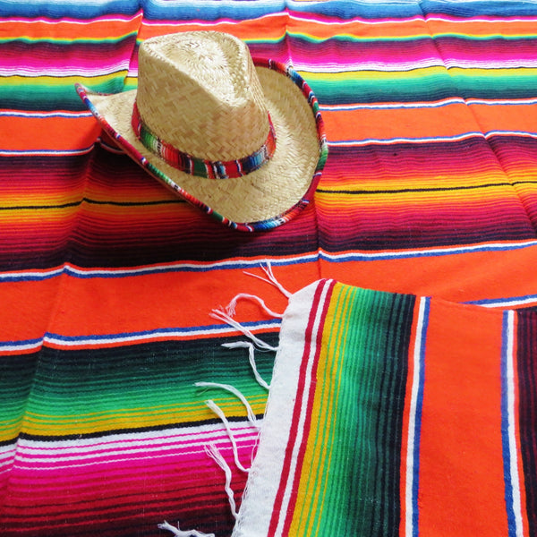 BALD WIEDER VERFÜGBAR mexikanische Sarape Decke SANTA FE gewebt rainbow orange Folklore mexican blanket  220cm x 115cm 100% Polyacryl  Herseller Molina Made im Mexico