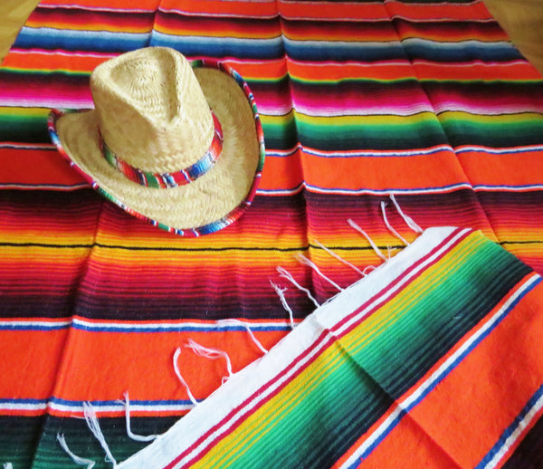 BALD WIEDER VERFÜGBAR mexikanische Sarape Decke SANTA FE gewebt rainbow orange Folklore mexican blanket  220cm x 115cm 100% Polyacryl  Herseller Molina Made im Mexico