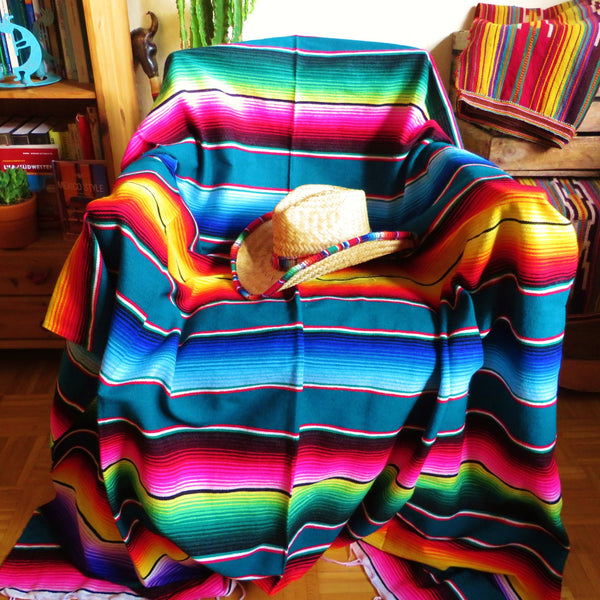 mexikanische Decke SANTA FE gewebt petrol Ethno Stil 220cm x 115cm 100% Polyacryl – Newmexicans-Ethno-Shop