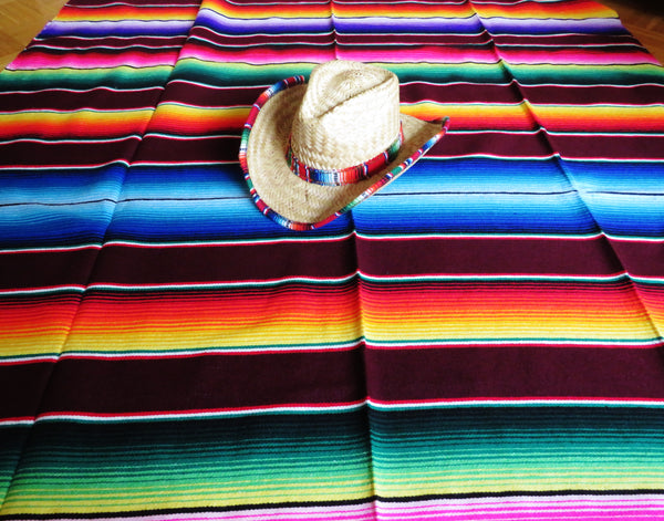 BALD WIEDER VERFÜGBAR mexikanische Sarape Decke SANTA FE  gewebt bordeaux regenbogen Ethno Stil  Saltillo Mexican Blanket  225cm x 150cm 100% Polyacryl  Made in Mexico