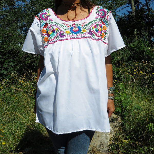 BALD WIEDER VERFÜGBAR Gr L mexikanische Blumen Hippie   Bluse weiß  Boho mexican embroidered Boho blouse 100% Baumwolle