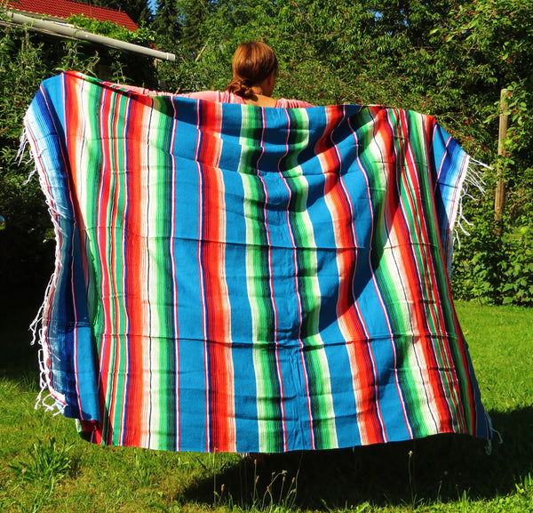 ZUR ZEIT AUSVERKAUFT BALD WIRDER VERFÜGBAR mexikanische Boho Sarape Decke SANTA FE  gewebt petrol blau bunt Saltillo Mexican Blanket  225cm x 150cm 50% Baumwolle 50% Polyacryl  Made in Mexico